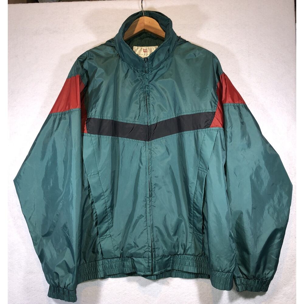 Thomas E Wilson Rain Jacket Windbreaker Coat Roll Up Hood Vented Green Mens Sz L